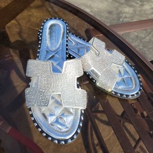 Ann More Sparkle Flat Silver Sandals Slide size 8
